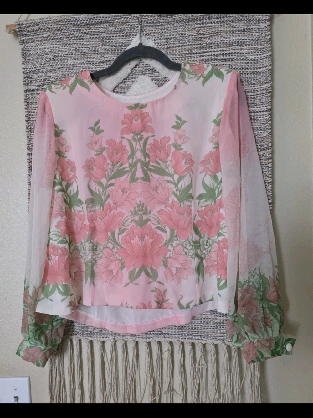 Vintage 80s Handmade Pink Floral Sheer Blouse Long Sleeve Cottagecore Boho Sz M